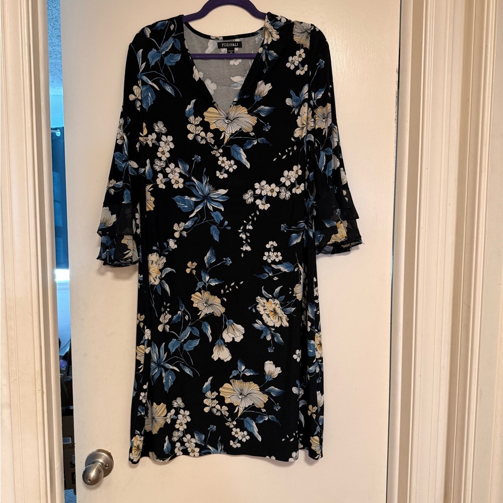 Roz & Ali Black Dress with Blue and White Floral Print